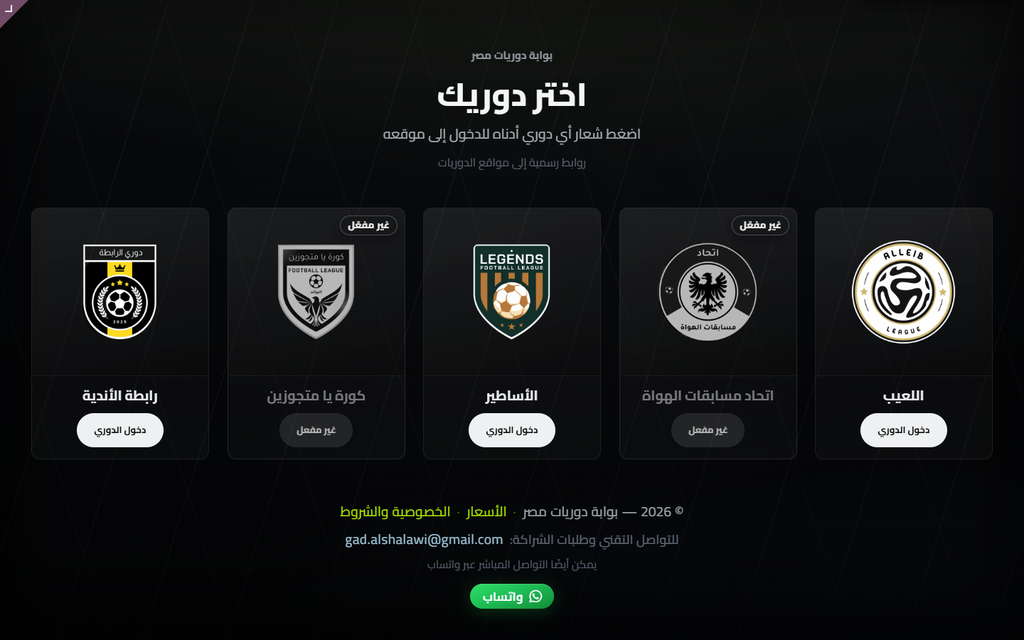 Egypt Leagues hub — multi-league portal routing fans to branded league sites (/alleib, /dawri-al-rabta, and more).