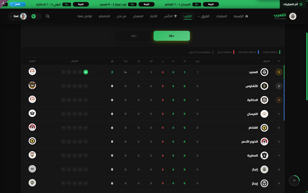 +30 / +40 standings — full RTL table with promotion zones and weekly form (/alleib/standings).